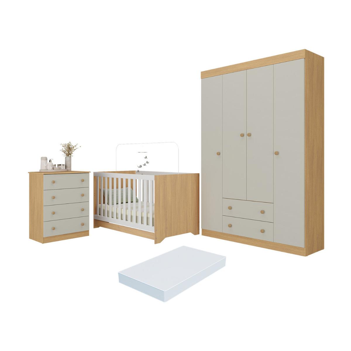 Quarto De Bebê Completo Berço Americano 3x1 Colchão Encanto Multimóveis Mp4601 Madeirado/off White