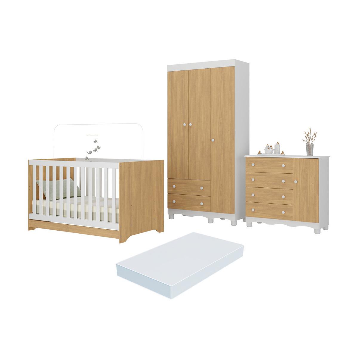 Quarto De Bebê Completo Berço Americano 3 Em 1 Colchão Dengo Multimóveis Mp4608 Branco/madeirado