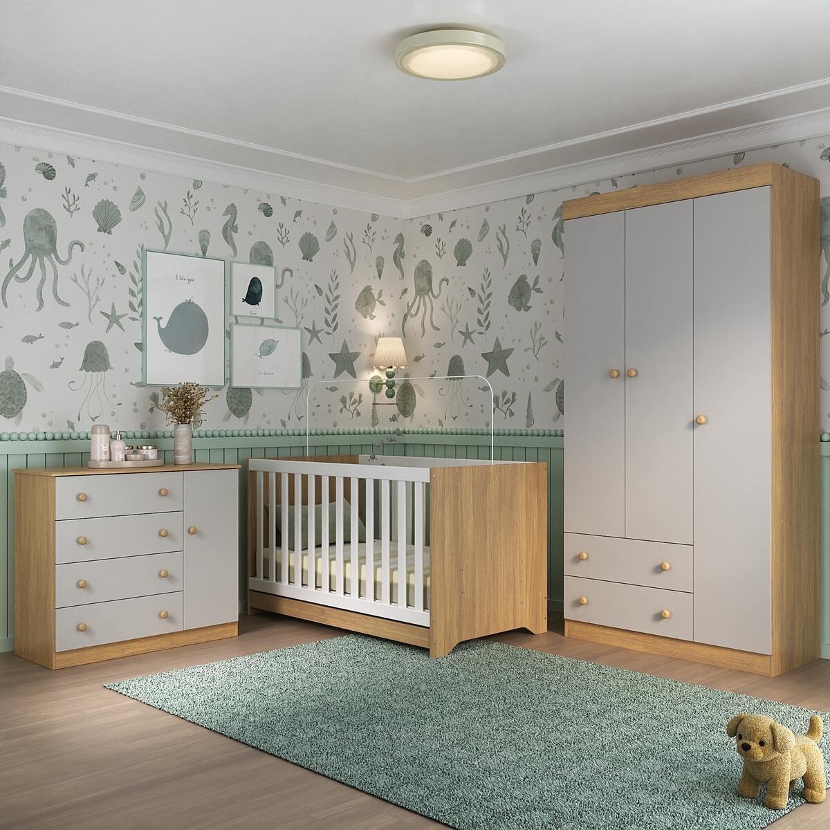 Quarto De Bebê Completo Com Berço Americano 3 Em 1 Encanto Multimóveis Mp4589 Madeirado/off White