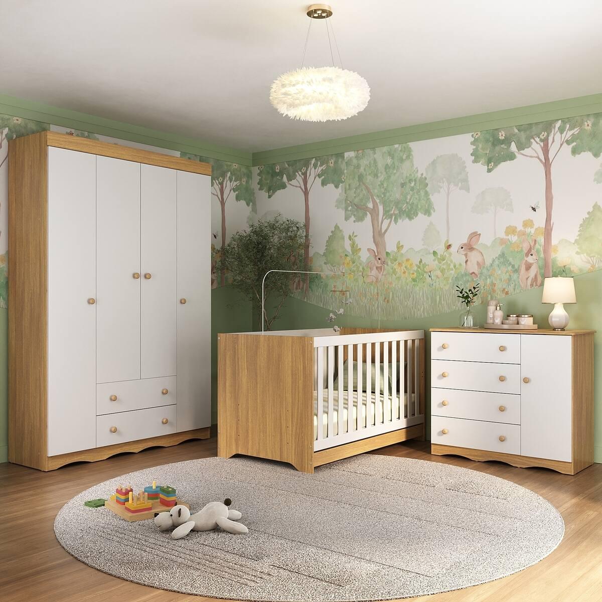 Quarto De Bebê Completo Com Berço Americano 3 Em 1 Realeza Multimóveis Mp4583 Madeirado/branco