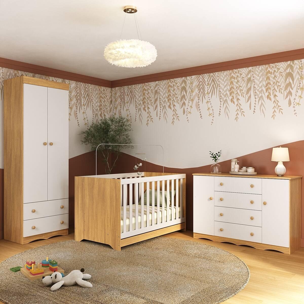 Quarto De Bebê Completo Com Berço Americano 3 Em 1 Realeza Multimóveis Mp4595 Madeirado/branco