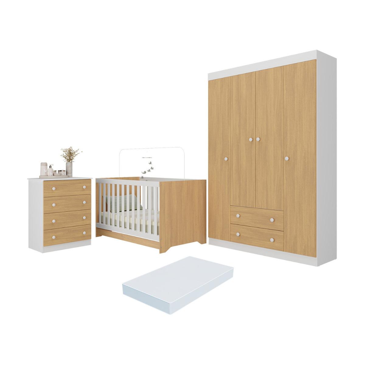 Quarto De Bebê Completo Berço Americano 3 Em 1 Colchão Encanto Multimóveis Mp4601 Branco/madeirado
