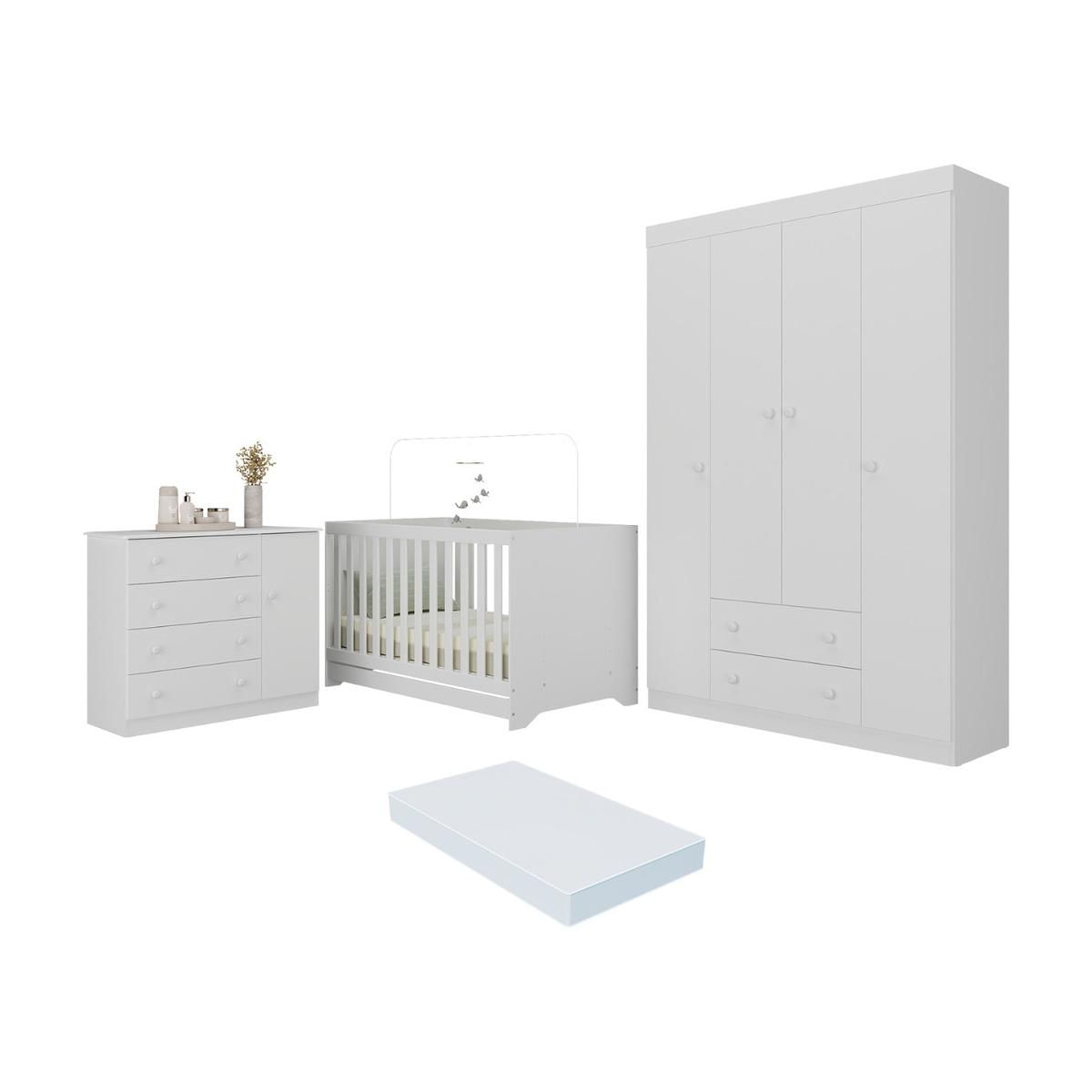 Quarto De Bebê Completo Berço Americano 3 Em 1 Colchão Encanto Multimóveis Mp4597 Branco
