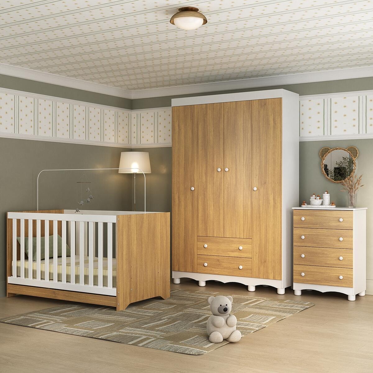 Quarto De Bebê Completo Com Berço Americano 3 Em 1 Dengo Multimóveis Mp4588 Branco/madeirado