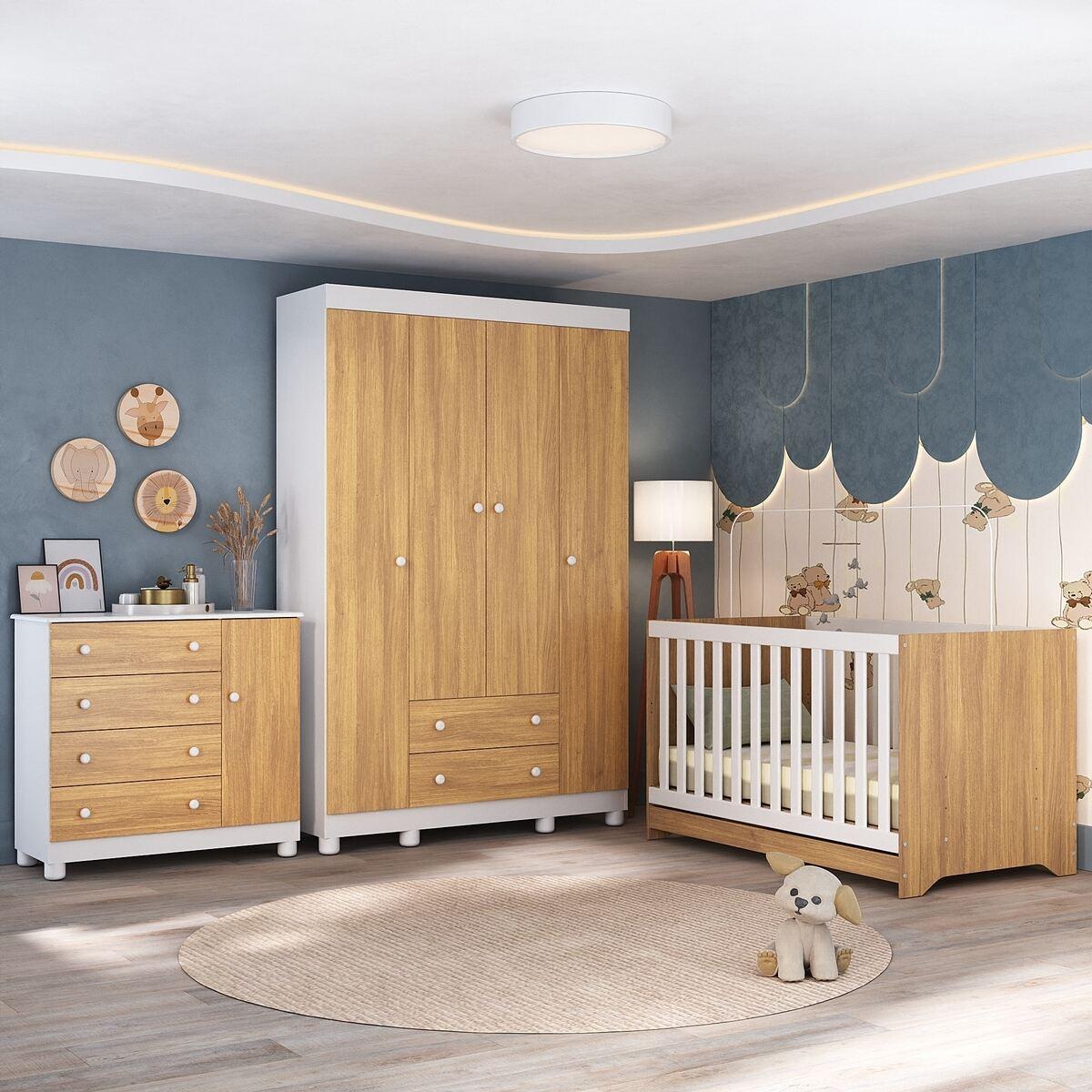 Quarto De Bebê Completo Com Berço Americano 3 Em 1 Allegra Multimóveis Mp4582 Branco/madeirado