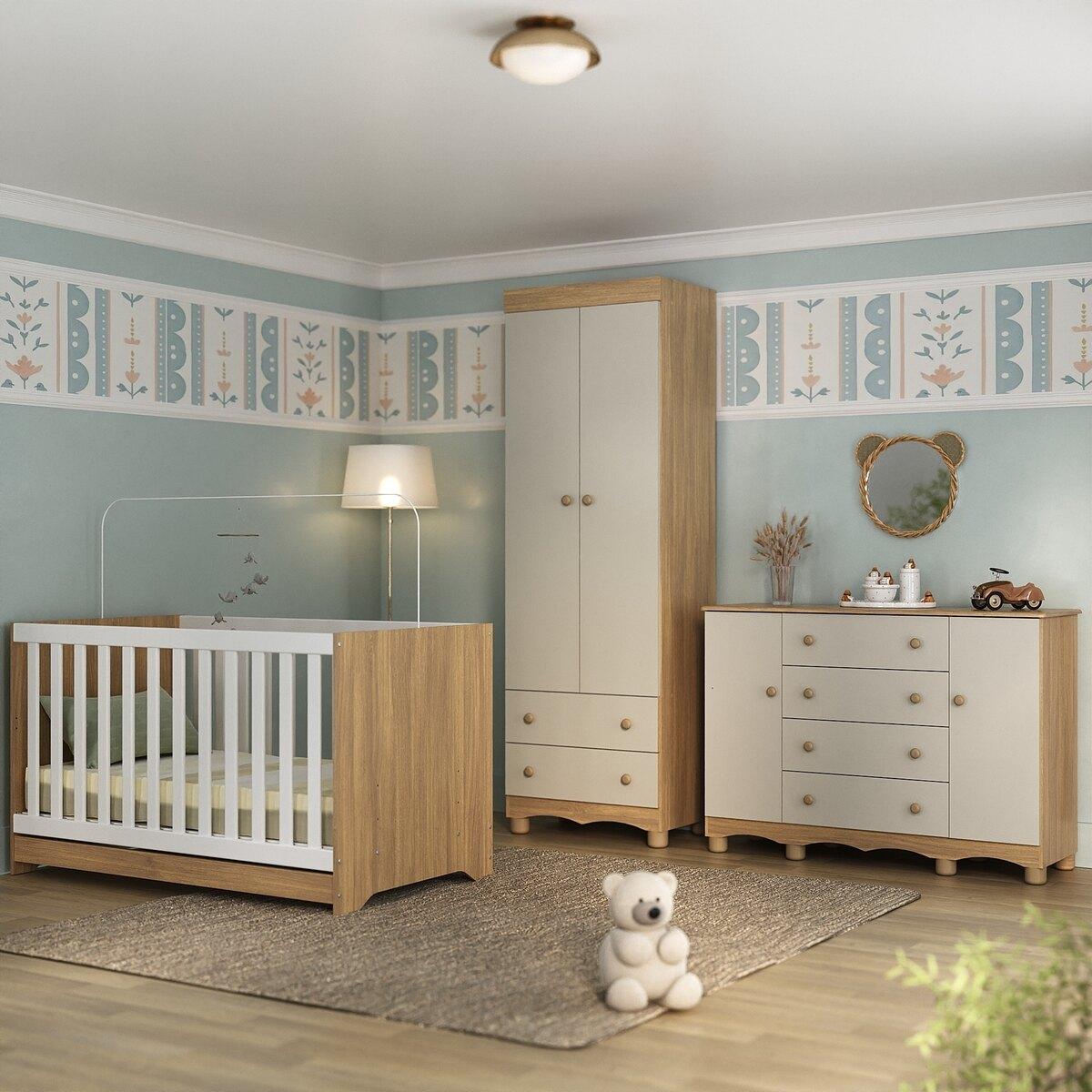 Quarto De Bebê Completo Com Berço Americano 3 Em 1 Dengo Multimóveis Mp4596 Madeirado/off White