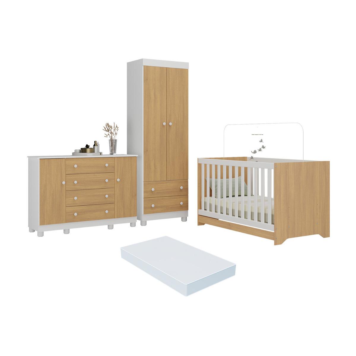 Quarto De Bebê Completo Berço Americano 3 Em 1 Colchão Allegra Multimóveis Mp4610 Branco/madeirado