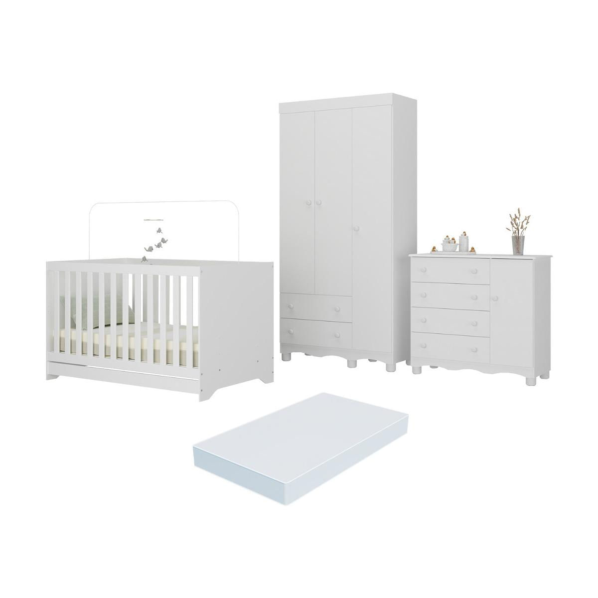 Quarto De Bebê Completo Berço Americano 3 Em 1 Colchão Dengo Multimóveis Mp4608 Branco