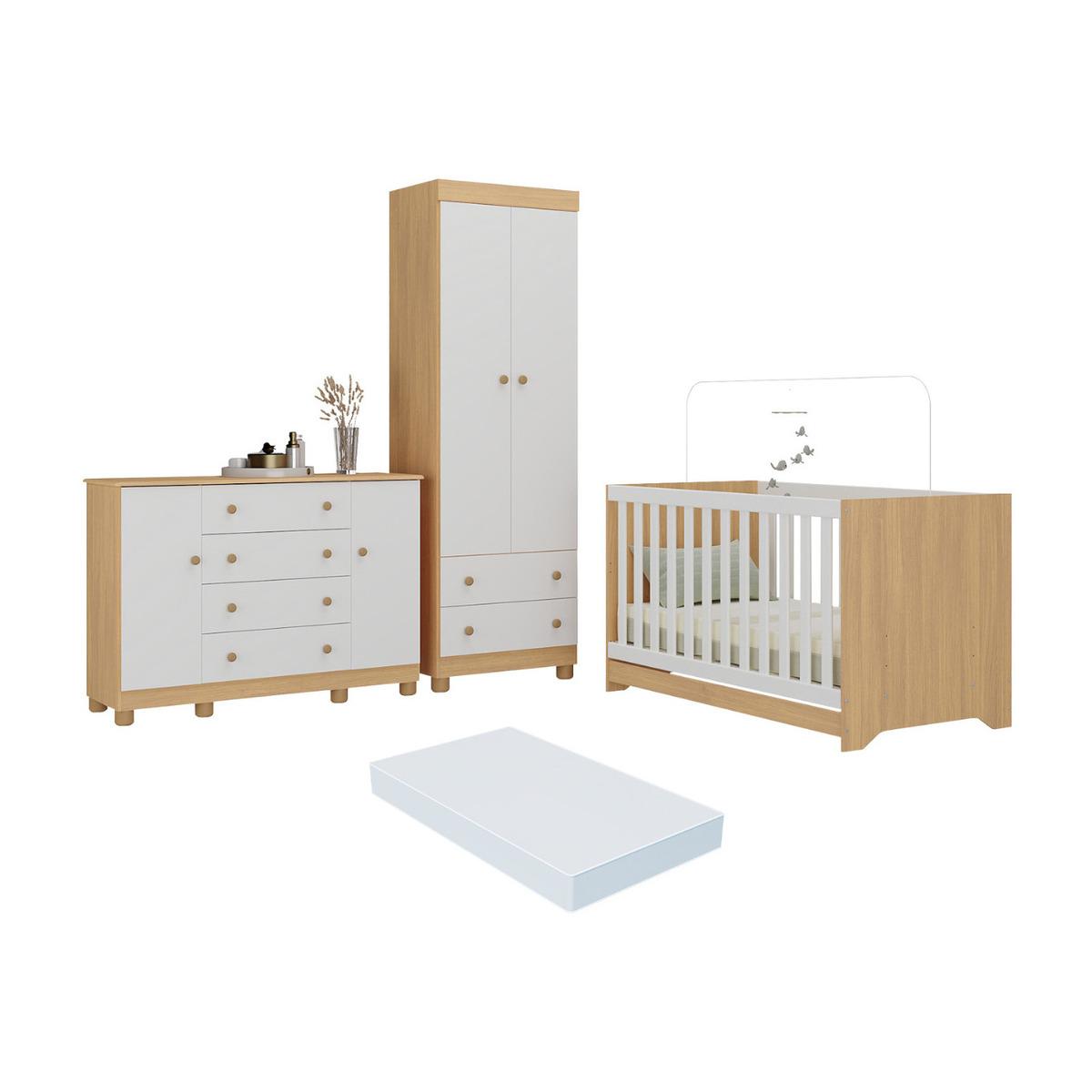 Quarto De Bebê Completo Berço Americano 3 Em 1 Colchão Allegra Multimóveis Mp4610 Madeirado/branco