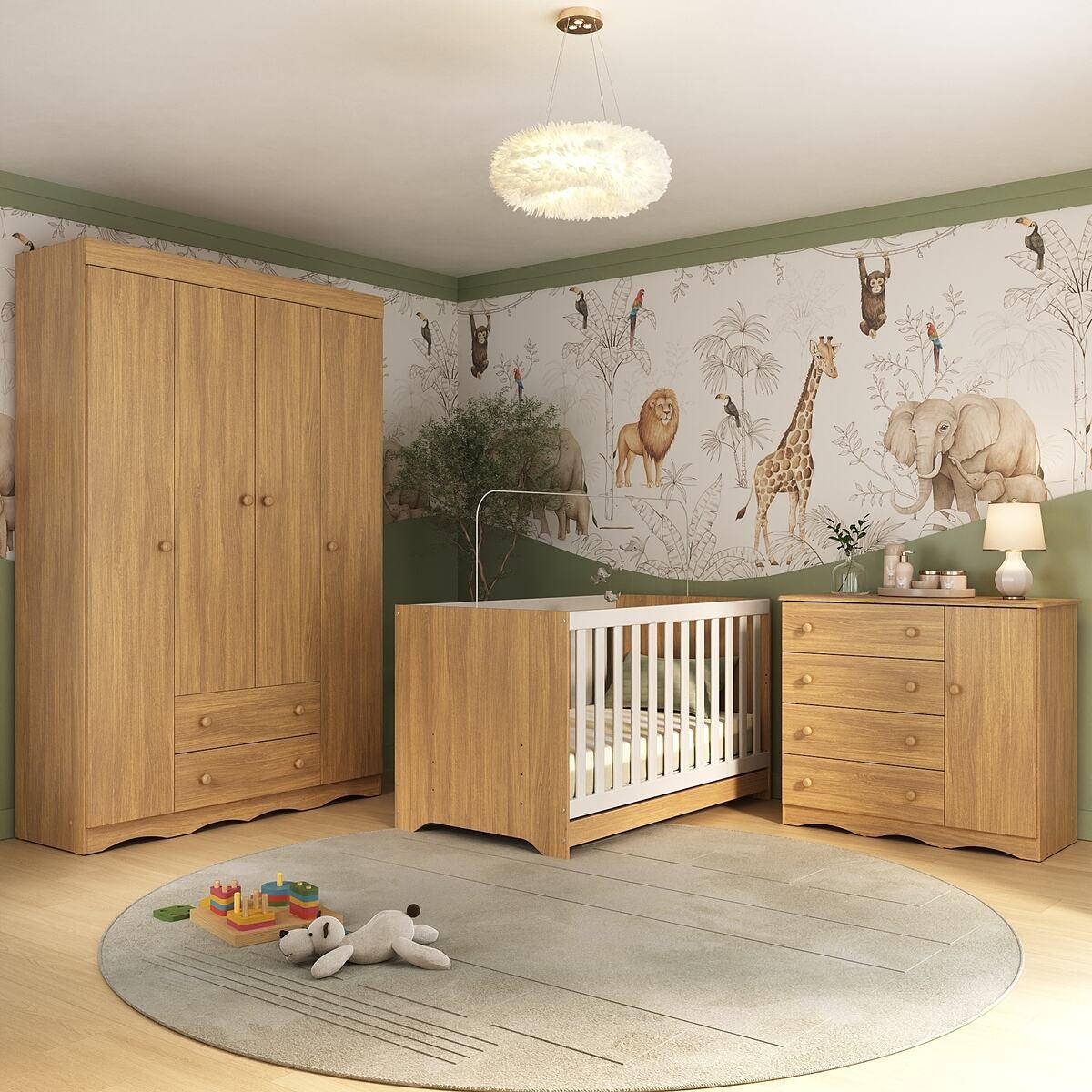 Quarto De Bebê Completo Com Berço Americano 3 Em 1 Realeza Multimóveis Mp4583 Madeirado