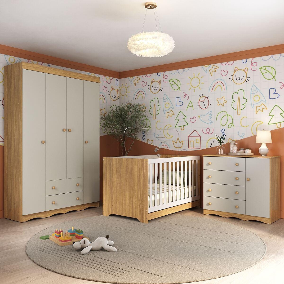 Quarto De Bebê Completo Com Berço Americano 3 Em 1 Realeza Multimóveis Mp4583 Madeirado/off White