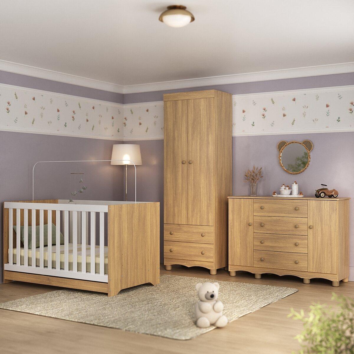 Quarto De Bebê Completo Com Berço Americano 3 Em 1 Dengo Multimóveis Mp4596 Madeirado