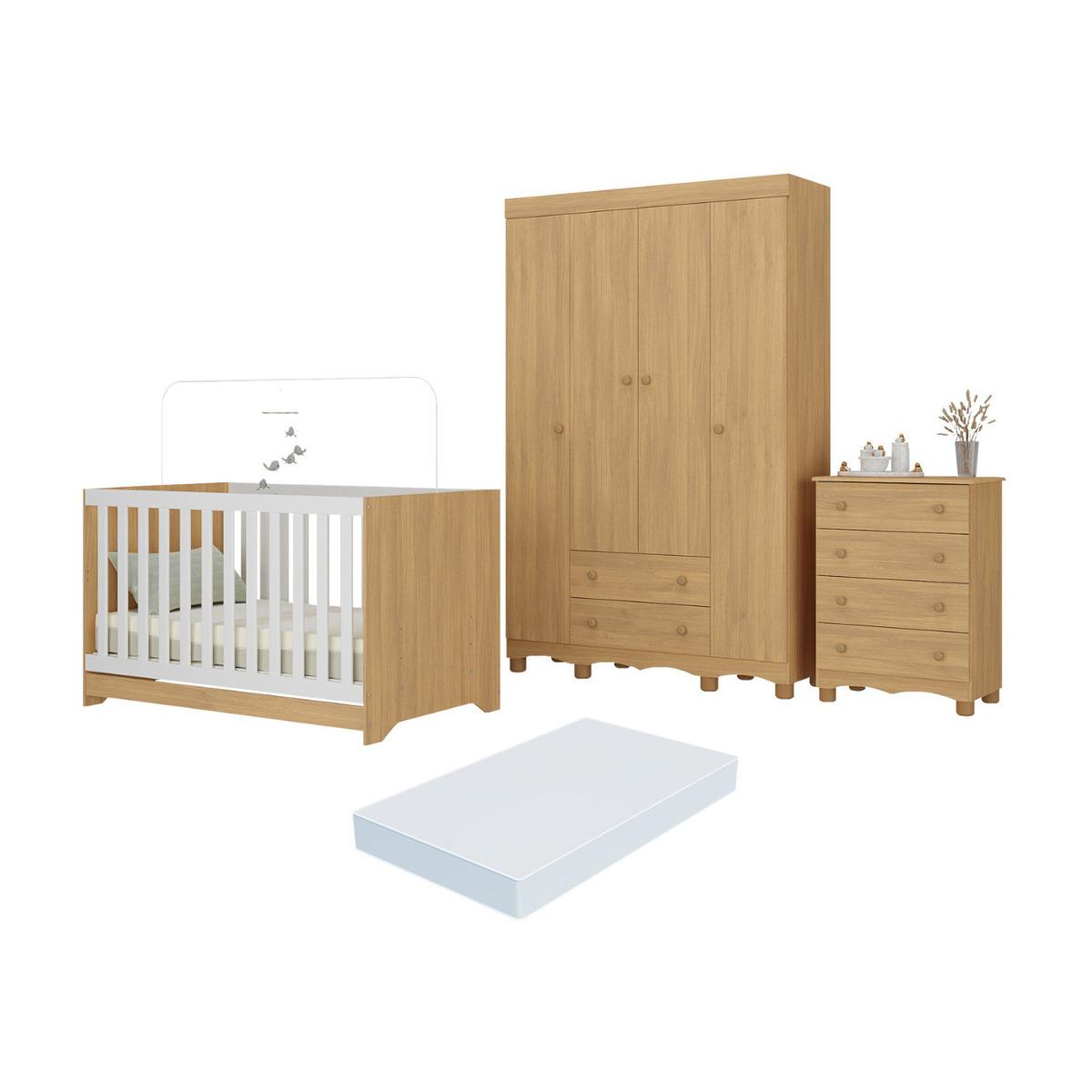 Quarto De Bebê Completo Berço Americano 3 Em 1 Colchão Dengo Multimóveis Mp4604 Madeirado