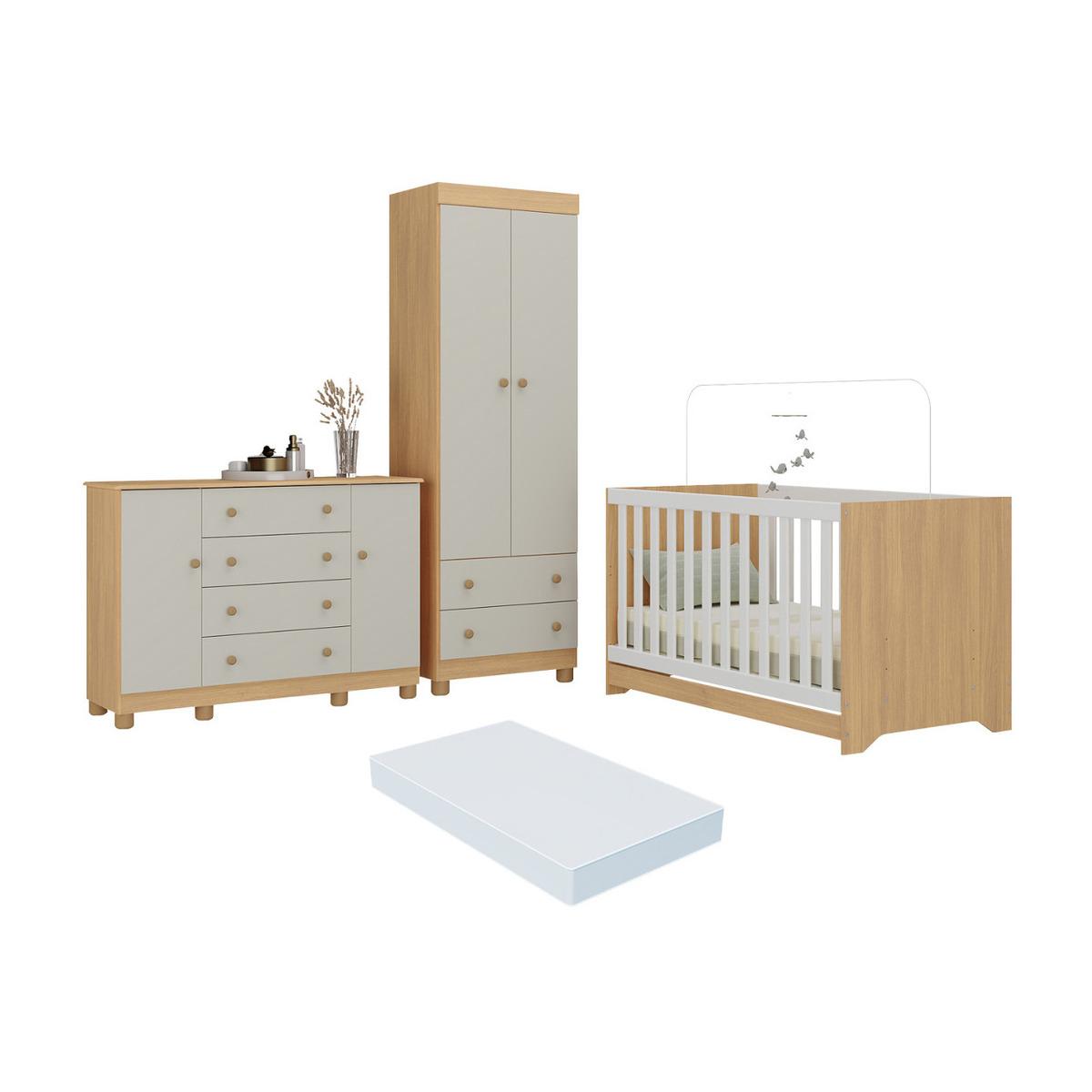 Quarto De Bebê Completo Berço Americano 3x1 Colchão Allegra Multimóveis Mp4610 Madeirado/off White
