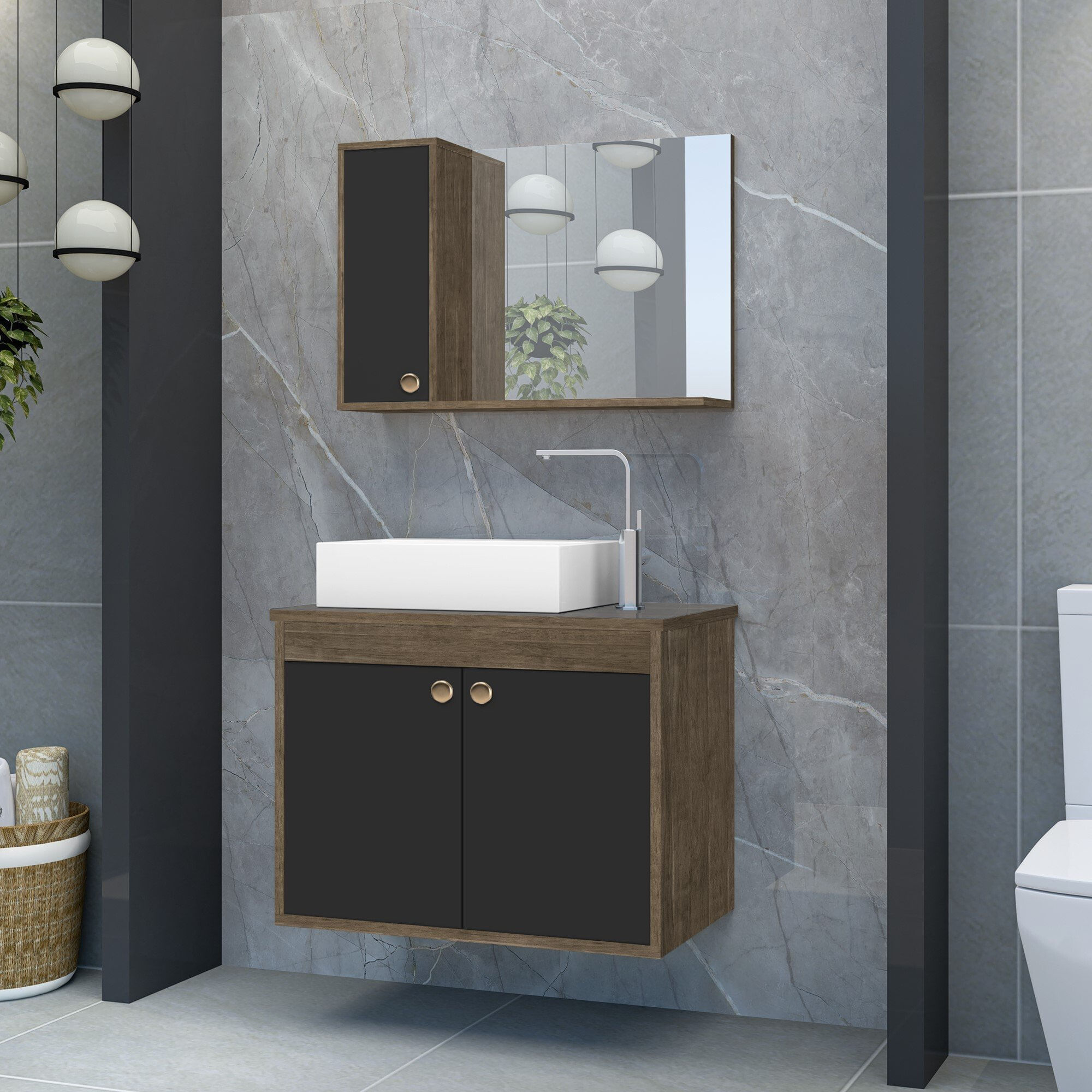 Gabinete Para Banheiro Com Cuba De Sobrepor E Espelheira 60cm Clean Avelato / Preto