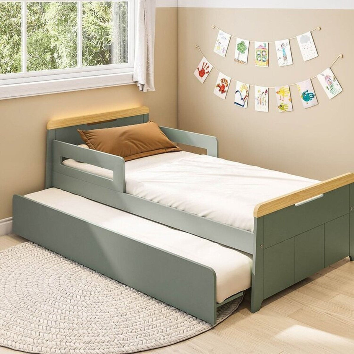 Bicama Infantil Com Led E Grades De Proteção Petit Casatema Madeiraoriginals Verde/mel