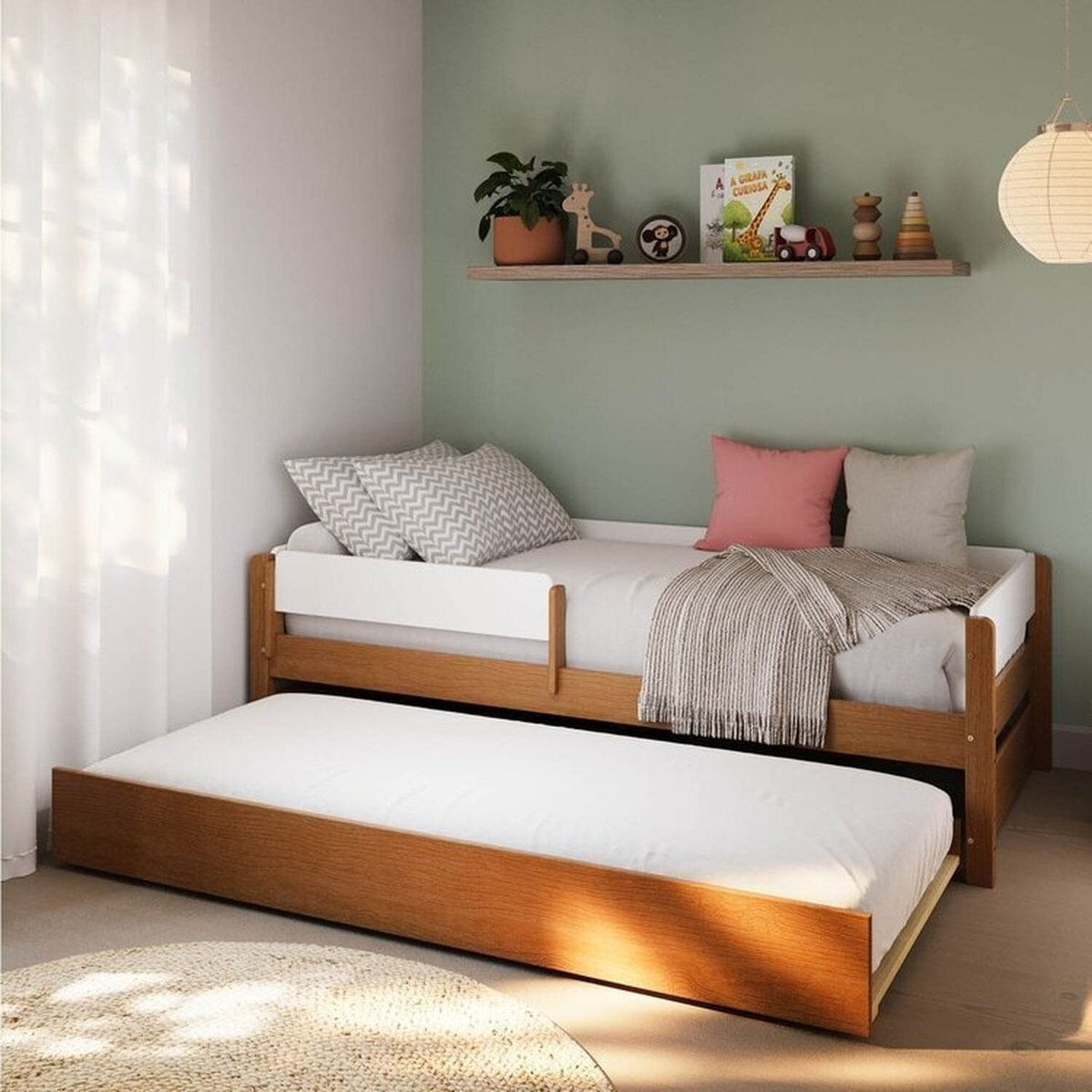 Bicama Infantil Com Grade De Proteção Aria Casatema Madeiraoriginals Nogueira/branco