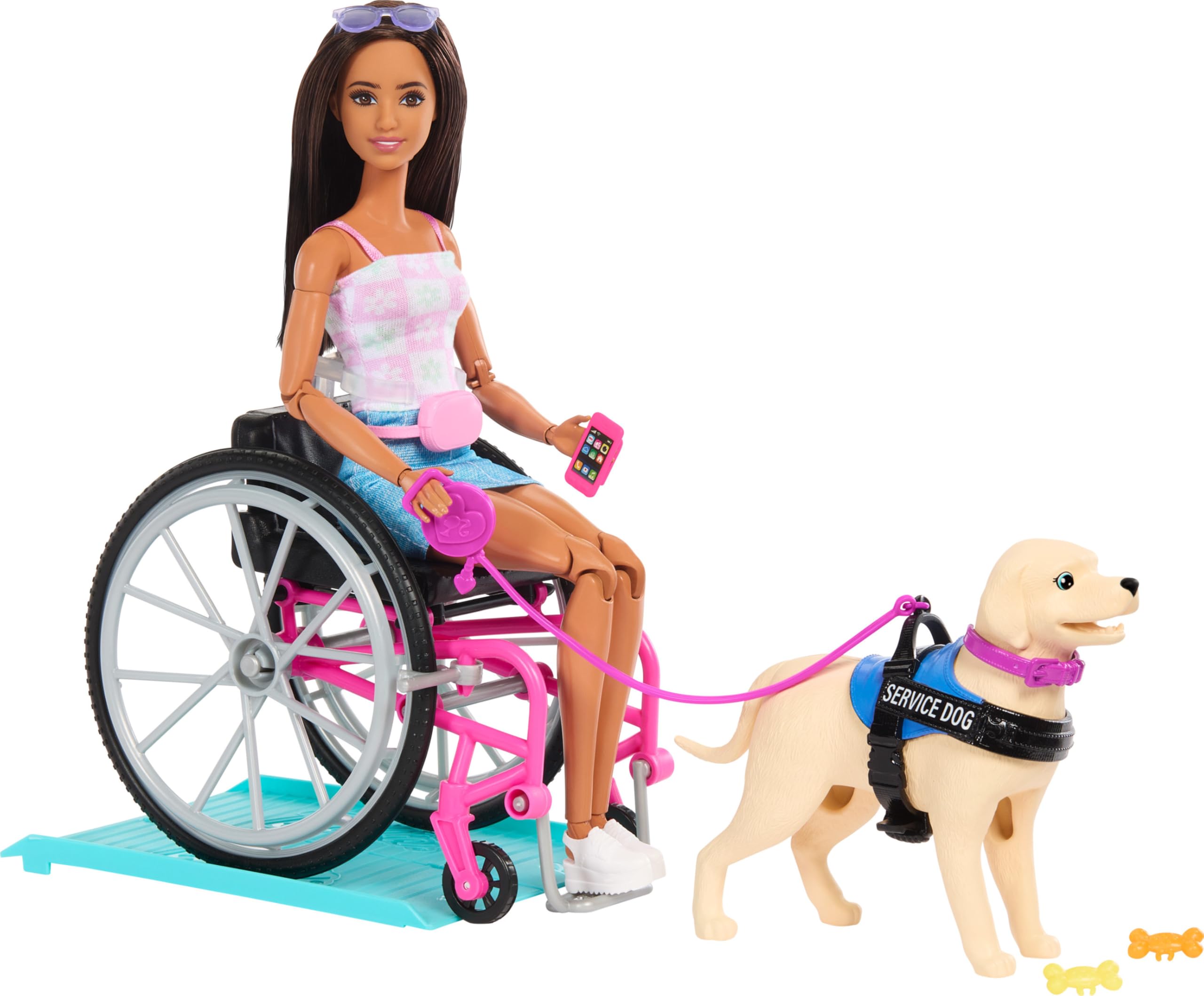 Boneca Moderna Barbie Brunette Com Cão De Serviço, Cadeira De Rodas E Acessórios