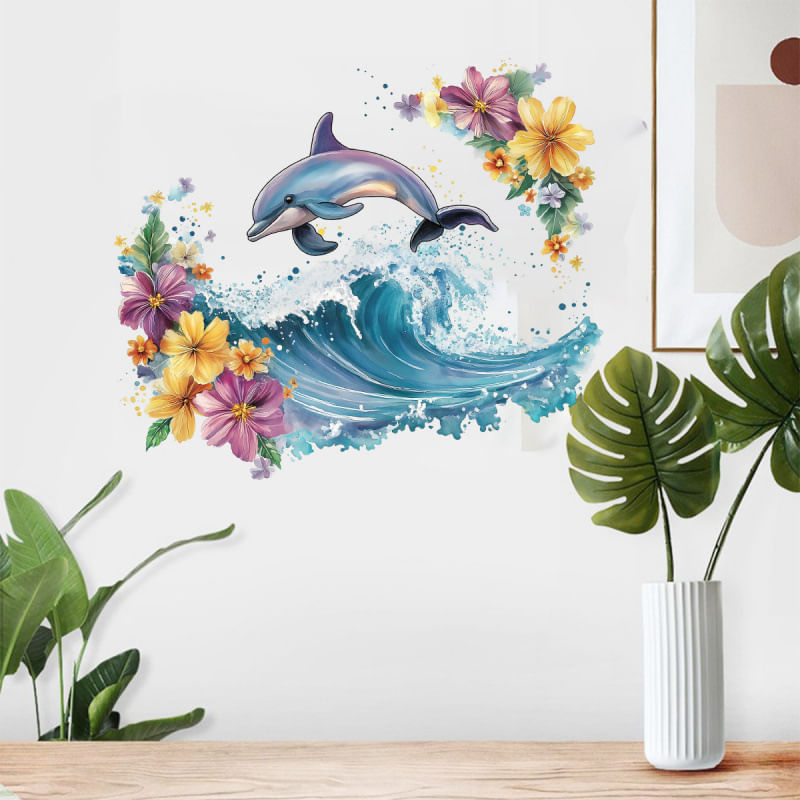 Adesivos De Parede Dolphin Wave Cartoon Ocean Animal Com Flores