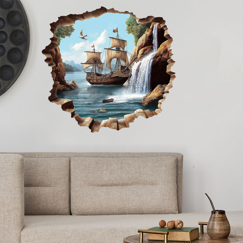 Adesivos De Parede 3d Sailboat Broken Wall Effect Pvc 30x60cm