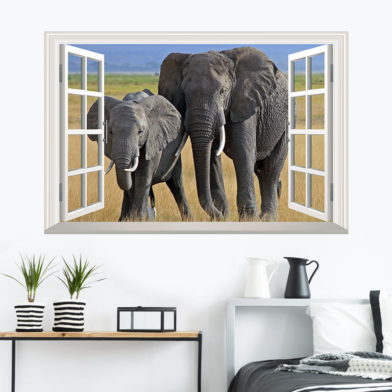 Adesivos De Parede 3d Window Effect Elephant African Savanna