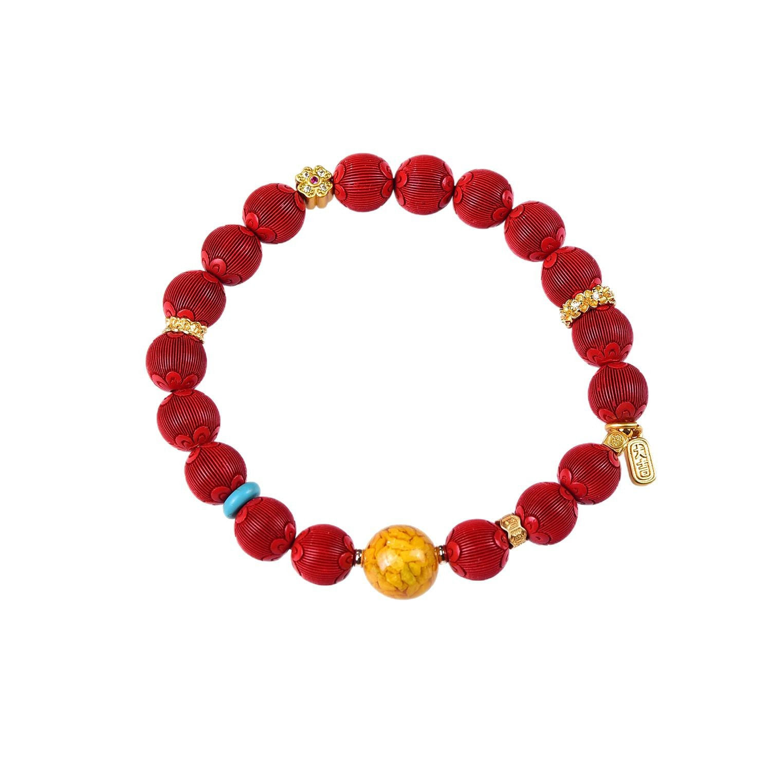 Pulseira Cinnabar Com Miçangas Cortadas Em Lanterna E Detalhes Em Amarelo