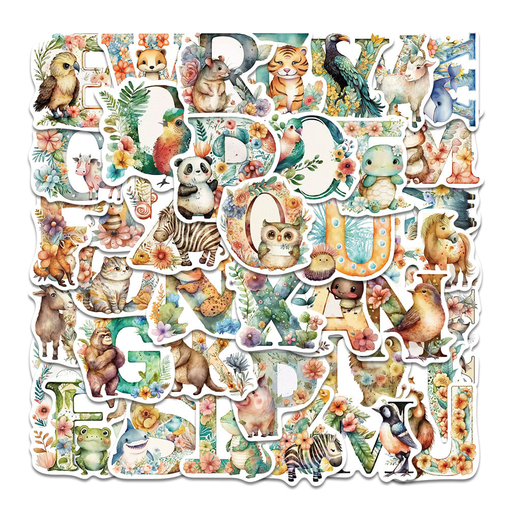 Adesivos Alphabet Cartoon Letter, Vinil Impermeável, 51 Unidades