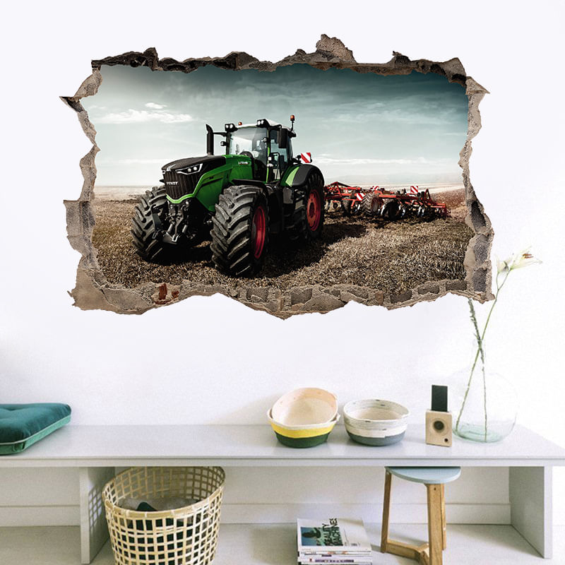 Adesivos De Parede Tractor 3d Broken Wall Effect Farm Vehicle
