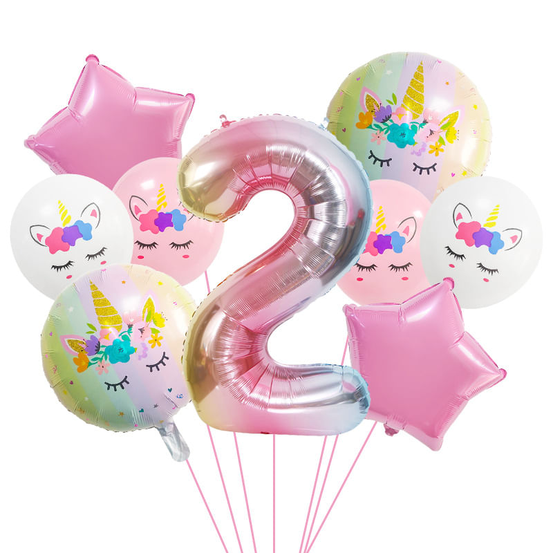 Conjunto De Balões Com Tema De Unicórnio, 9 Unidades Com Balão De Alumínio De 2 Números