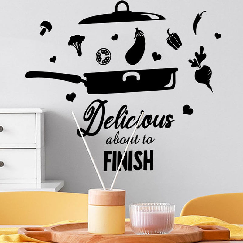 Adesivos De Parede Kitchen Delicious Quote Frying Pan Vegetables