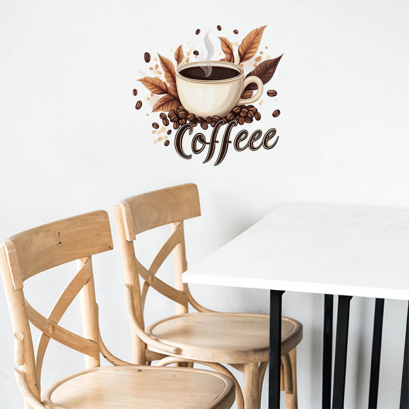 Adesivo De Parede Xícara De Café Marrom Em Grãos E Folhas 39x30cm