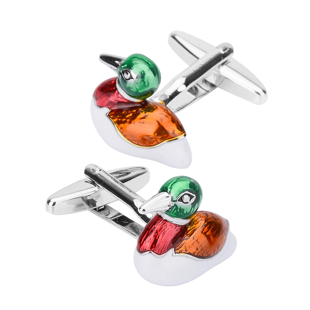 Pato-real Colorido Cuff Links Para Homens, Esmaltado, Prateado