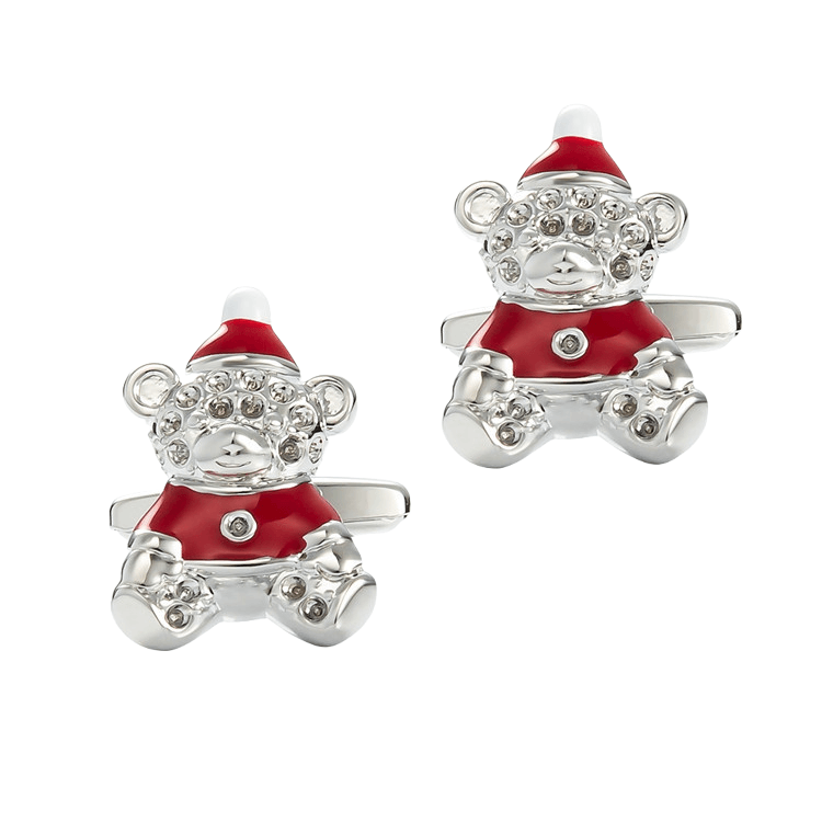 Urso De Natal Cuff Links Para Homens Prateado Com Esmalte Vermelho