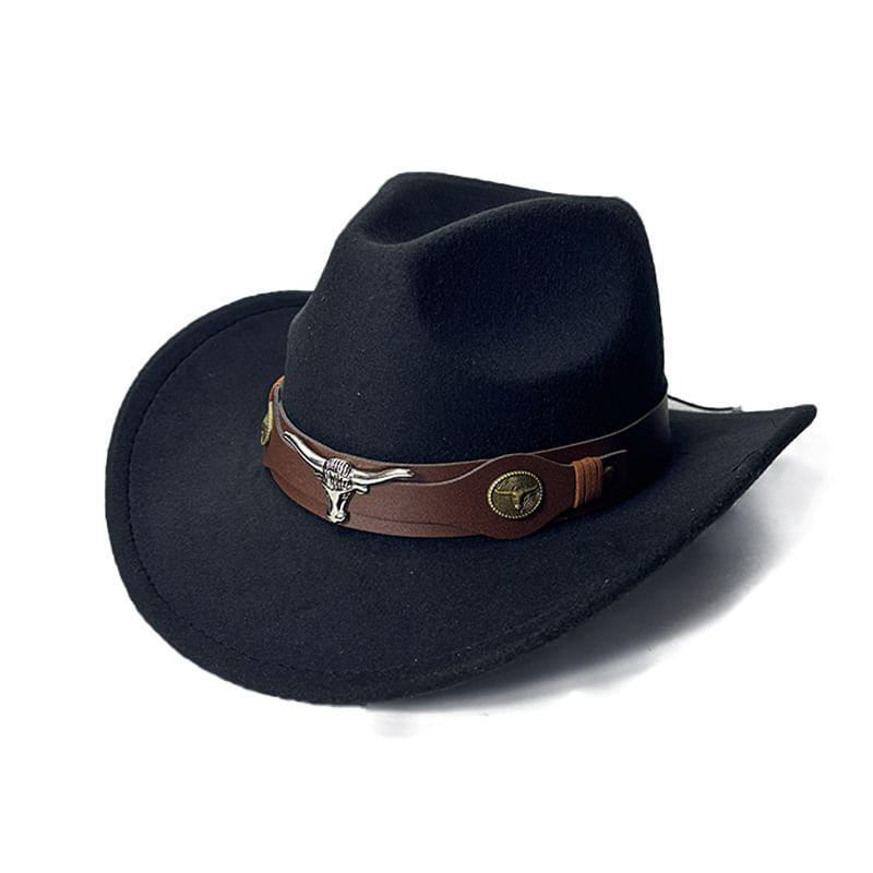 Chapéu De Cowboy De Feltro Preto Com Pulseira De Couro De Cabeça De Touro Unissex