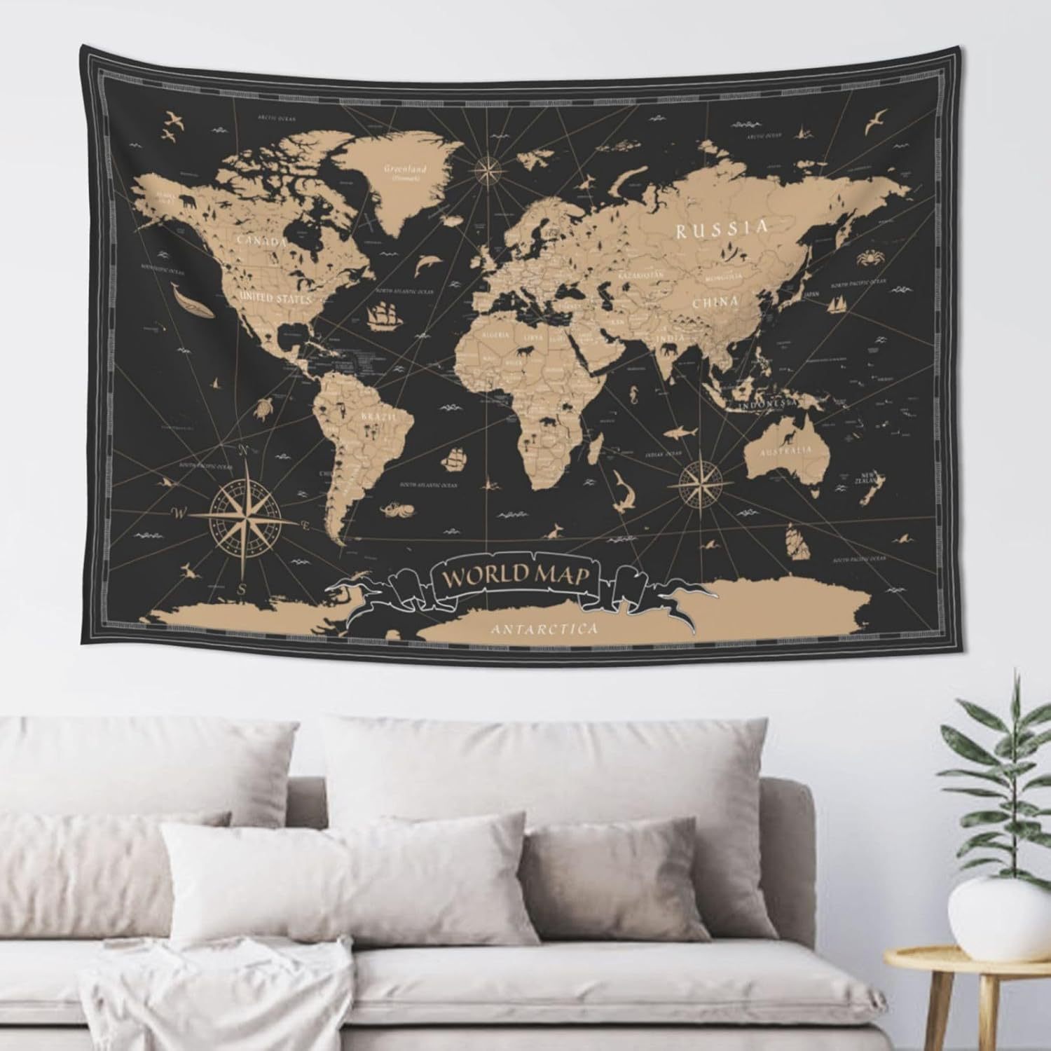 Tapeçaria Para Pendurar Na Parede Vintage World Map Preto/bege 150x130cm