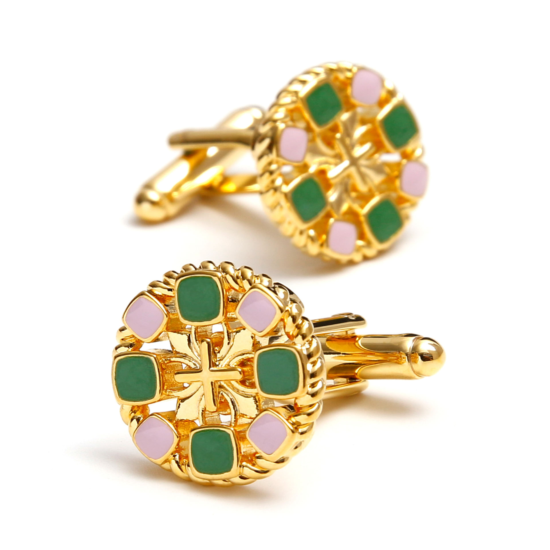 Cuff Links Creative, Esmalte Redondo Verde E Rosa Banhado A Ouro