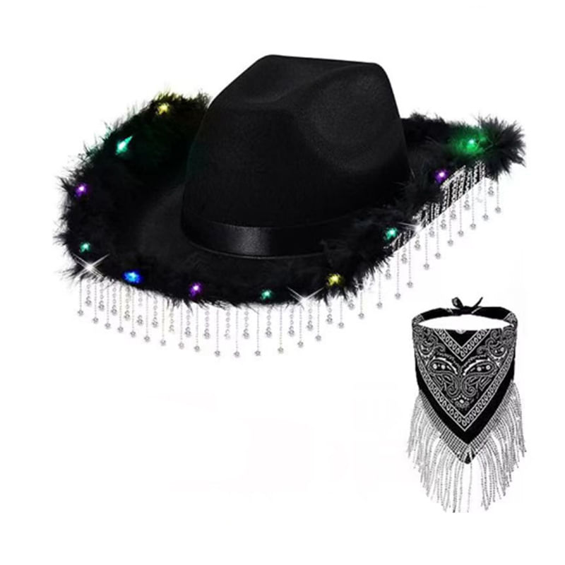 Chapéu De Cowboy Led Rosa Com Acabamento Em Penas, Bandana De Strass
