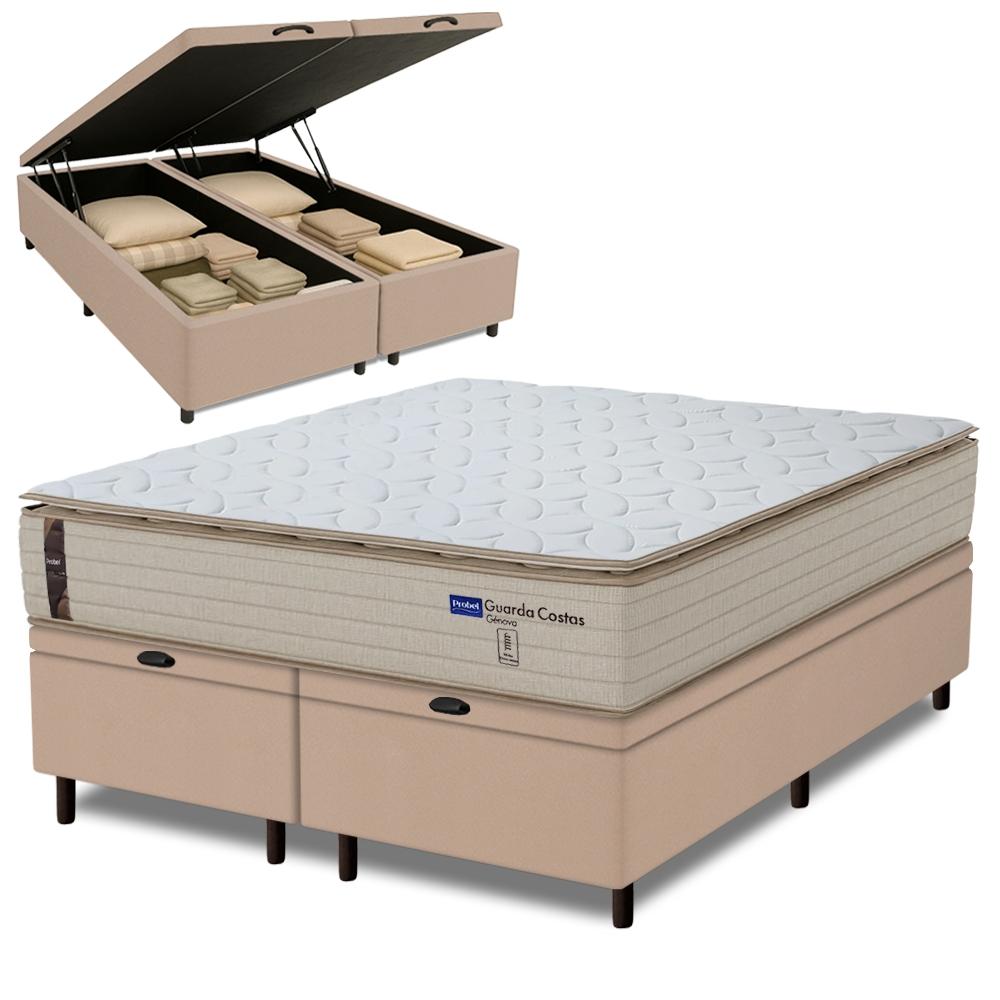 Cama Box Baú King Probel Molas Ensacadas Pillow Top 193x203x71cm Guarda Costas Genova Branco/bege