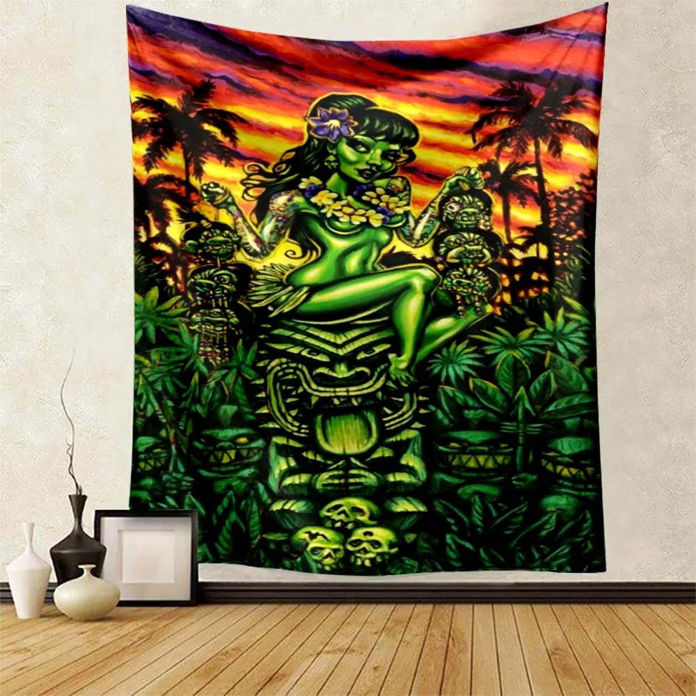Tapeçaria Para Pendurar Na Parede Em Estilo Havaiano Deusa Verde 150x130cm