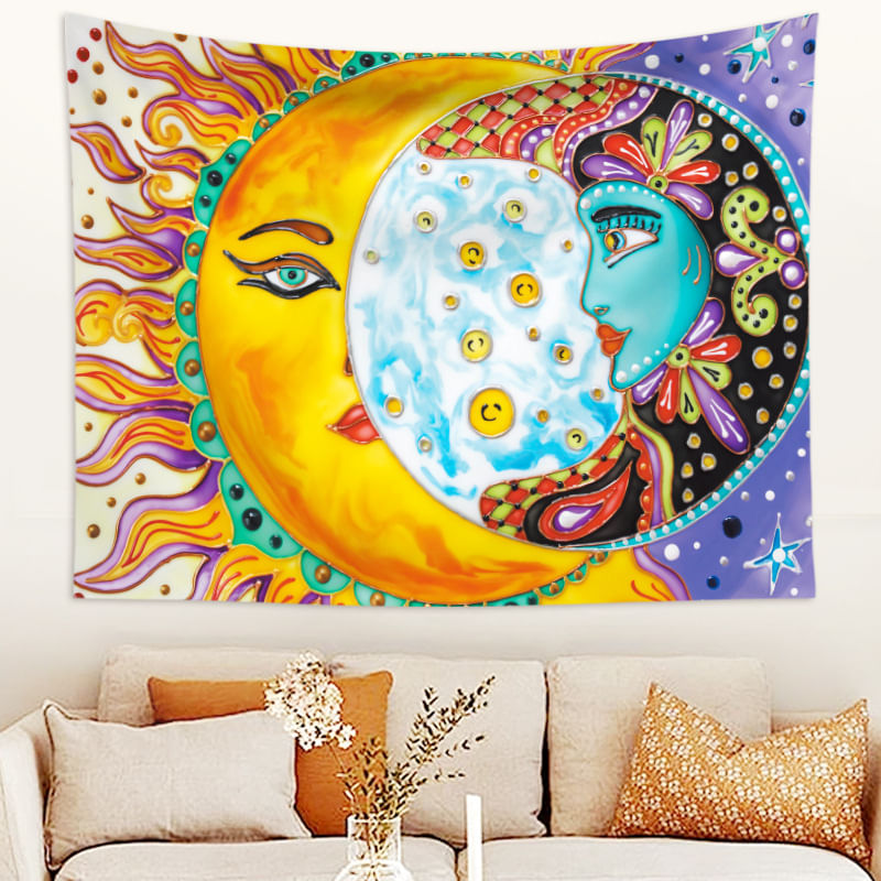 Tapeçaria Pendurada Na Parede Sol E Lua Celestial 130x150cm