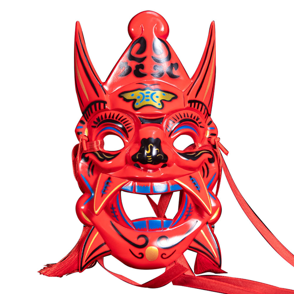 Máscara De Ópera Chinesa Pintada À Mão Com Design De Demônio Vermelho E Azul