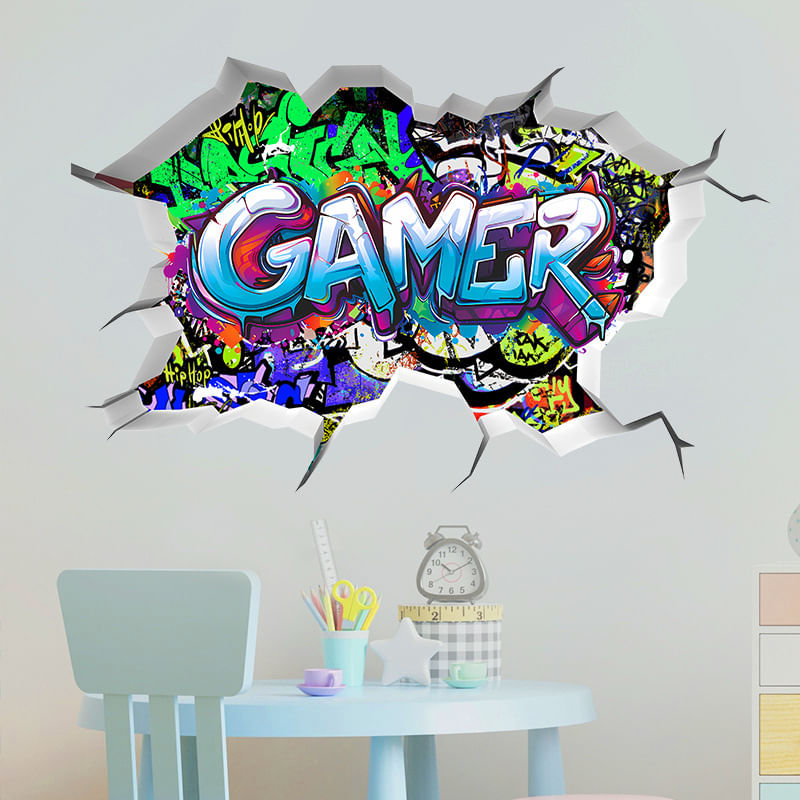 Adesivos De Parede 3d Gamer Cartoon Graffiti Breakthrough Wall