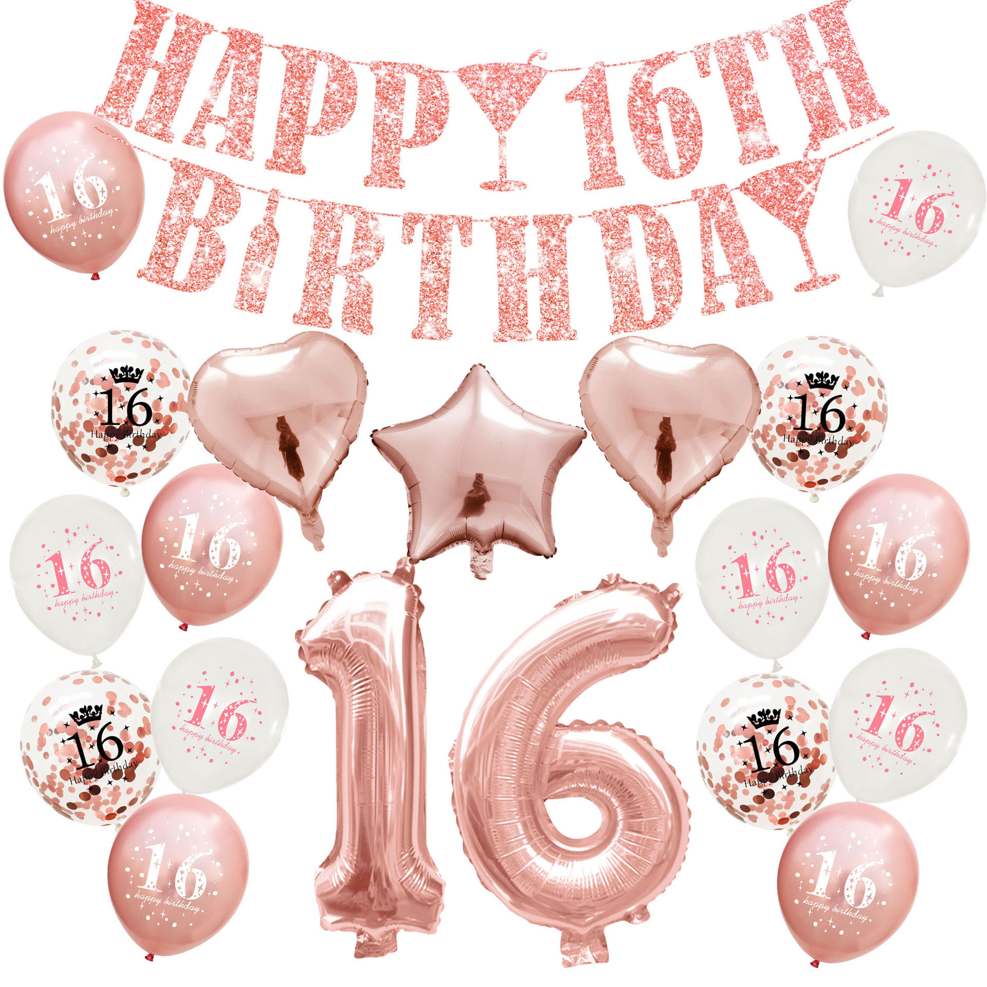 Kit De Decoração De Festa Em Ouro Rosa, 16º Aniversário, 19 Unidades