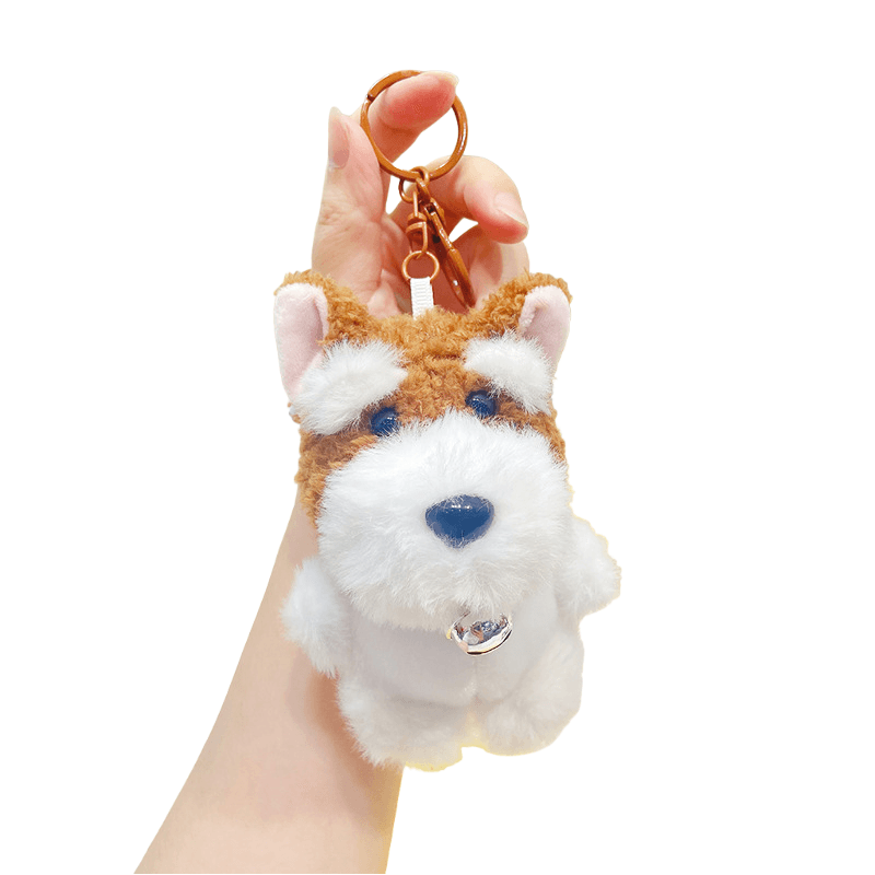Chaveiro De Pelúcia Lindo Cachorro Schnauzer Com Sino, Marrom Macio, 8x13,5 Cm