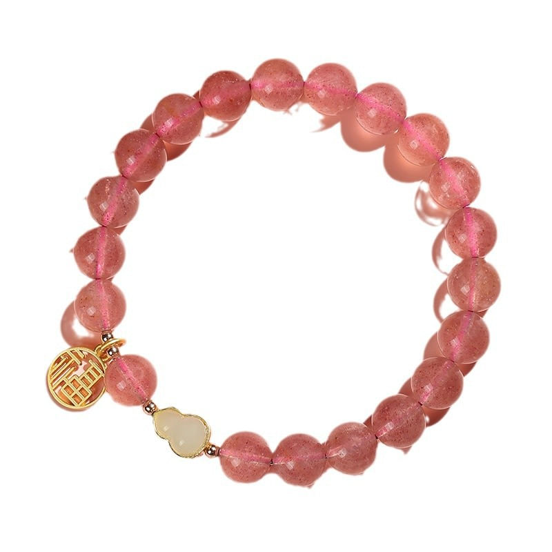 Pulseira De Quartzo De Morango Para Mulheres Com Cabaça De Jade Hetian