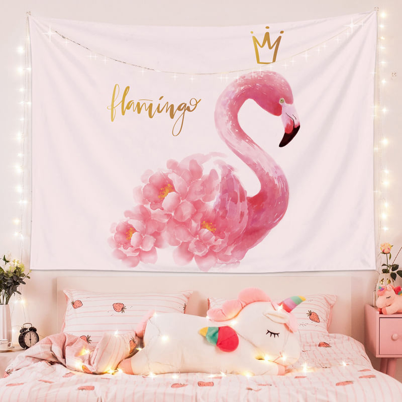 Tapeçaria Pendurada Na Parede, Flamingo Rosa, Coroado De Pelúcia De 130 X 150 Cm