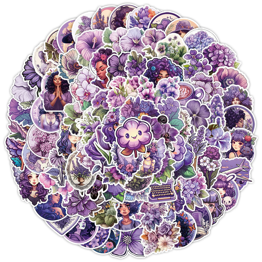 Pacote De Adesivos Purple Aesthetic, 100 Unidades De Flores Violetas