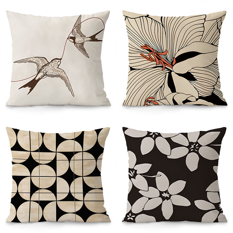 Conjunto De Fronhas Nordic Abstract Floral Preto E Bege X4