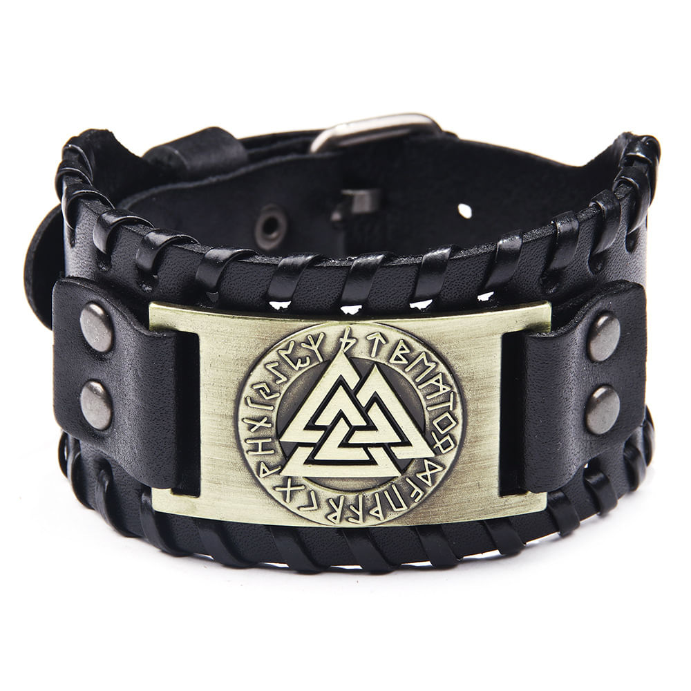 Pulseira De Couro Nordic Viking Rune Para Homens, De Couro Bovino Larga