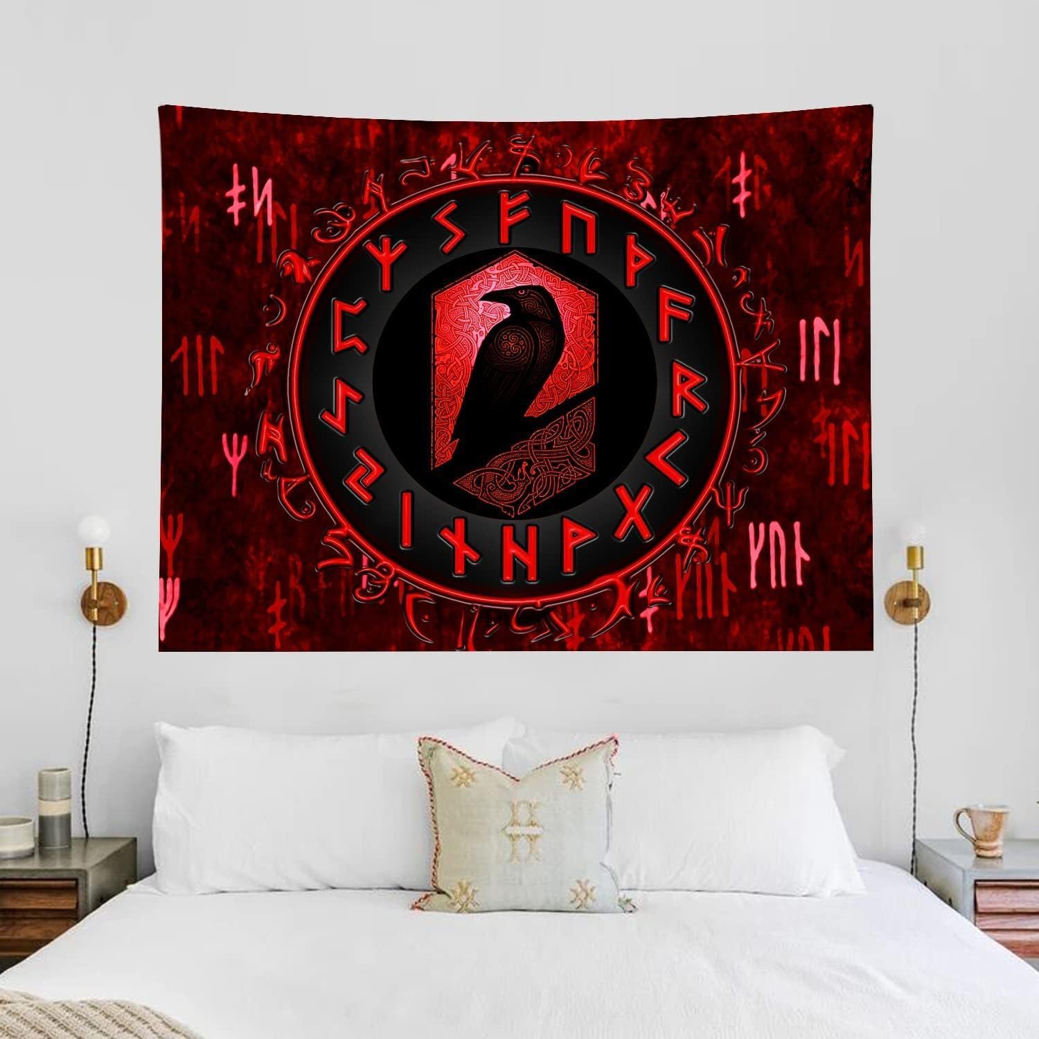 Tapeçaria Para Pendurar Na Parede Nordic Raven Rune Red Gothic Symboli